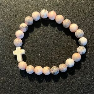 Pink and Gray Natural Beaded Bracelet with Cross
